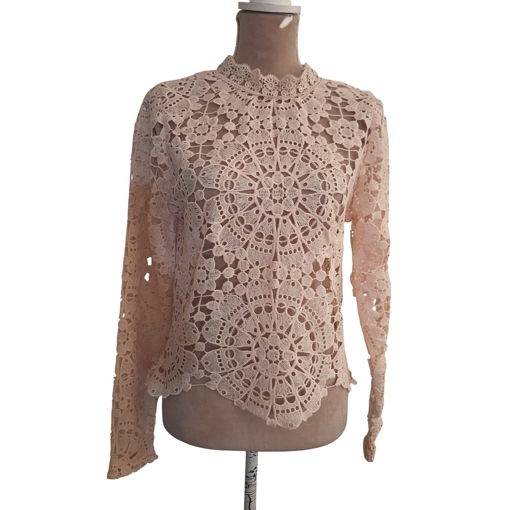 Miss Chievous Peach Pink Crochet Lace Mock Neck Back Zipper Long Sleeve Top L